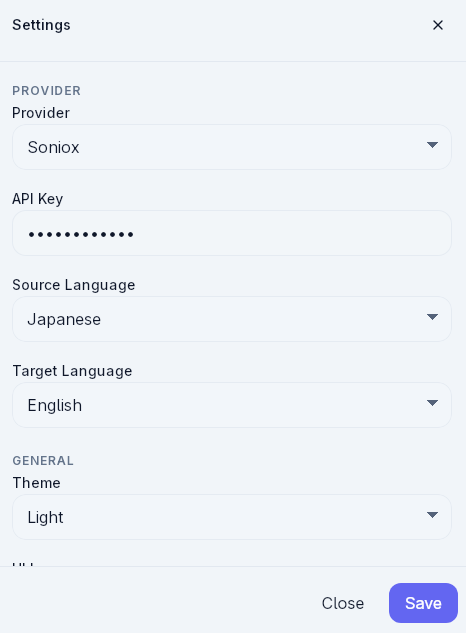 CarryTalk settings and controls for audio and translation configuration